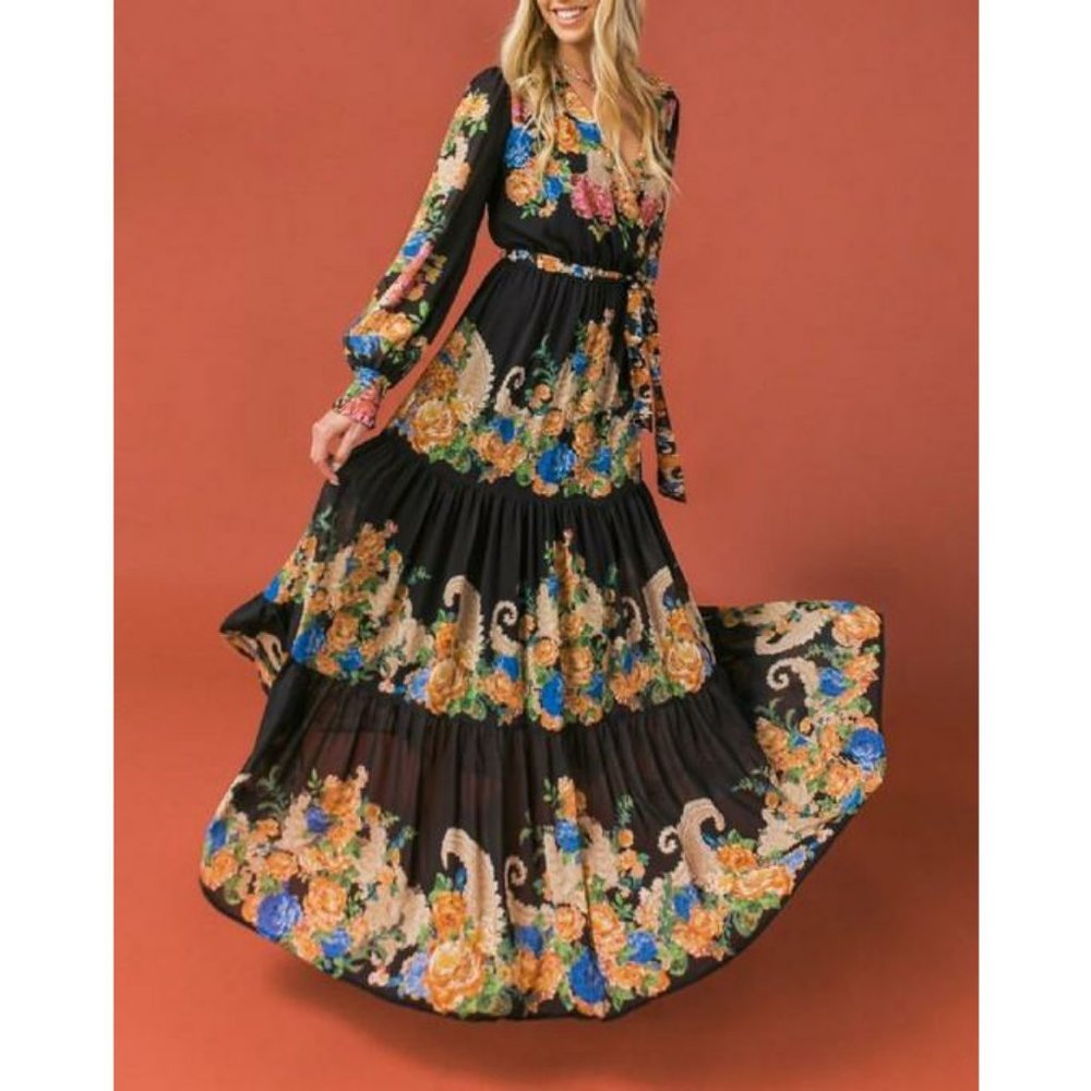 Flying Tomato Black Maxi Dress with Blue and Orange Floral Print